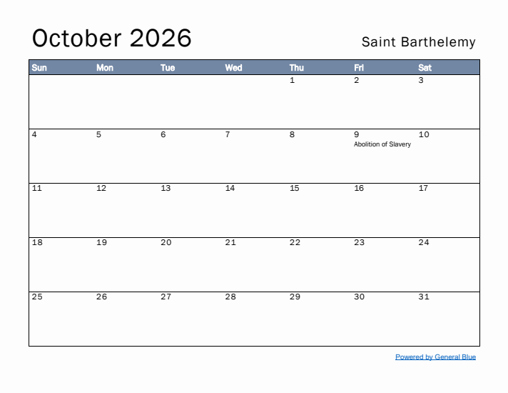 October 2026 Simple Monthly Calendar for Saint Barthelemy