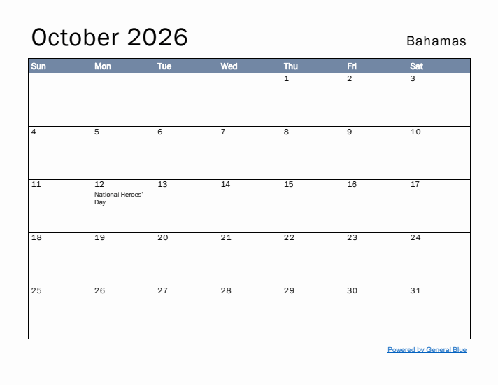 October 2026 Simple Monthly Calendar for Bahamas