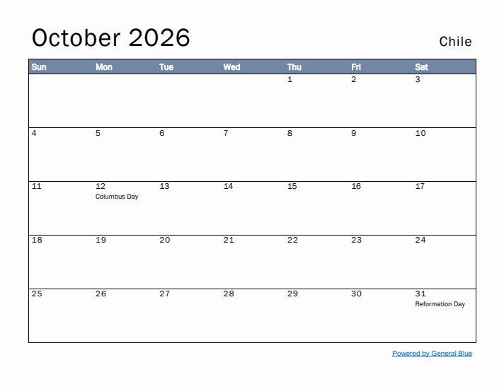 October 2026 Simple Monthly Calendar for Chile