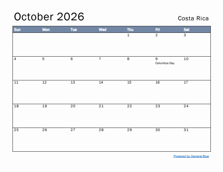 October 2026 Simple Monthly Calendar for Costa Rica