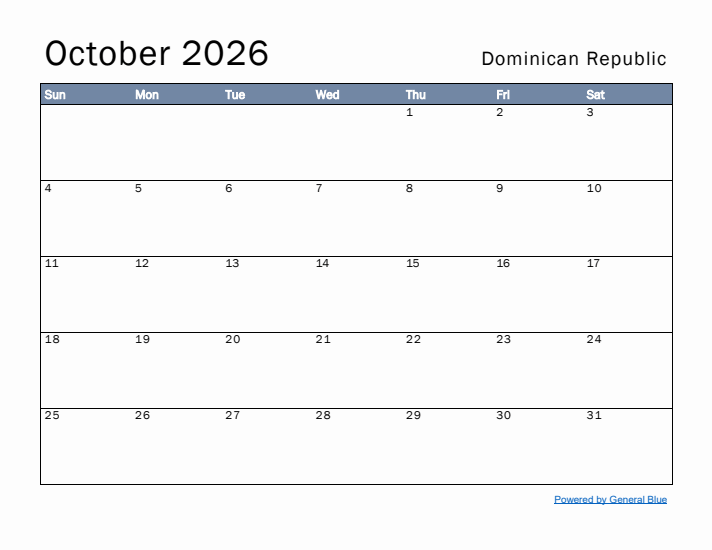 October 2026 Simple Monthly Calendar for Dominican Republic