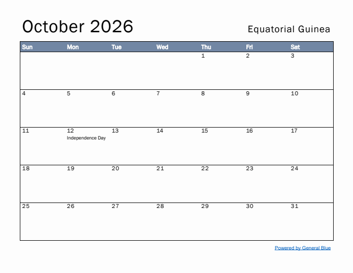 October 2026 Simple Monthly Calendar for Equatorial Guinea