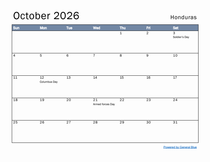 October 2026 Simple Monthly Calendar for Honduras