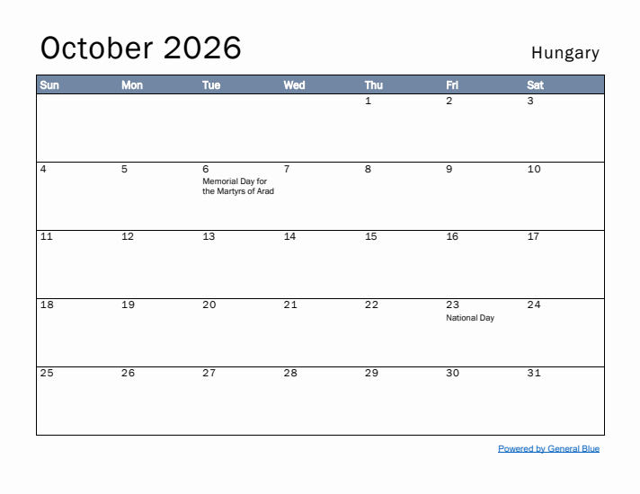 October 2026 Simple Monthly Calendar for Hungary