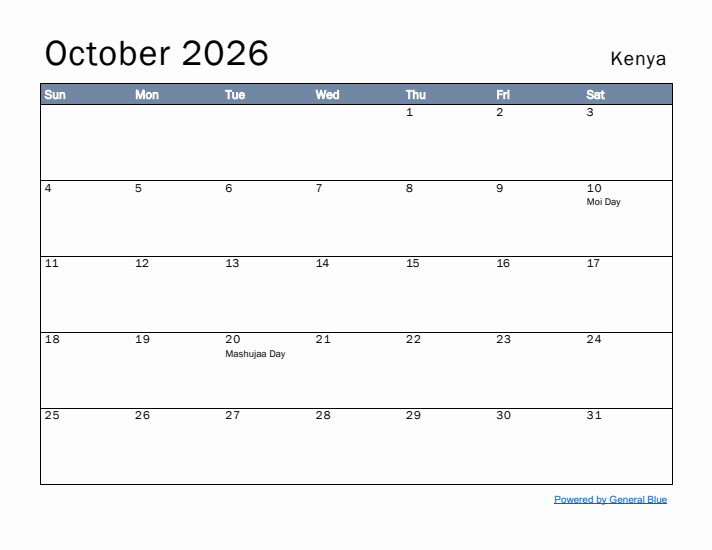 October 2026 Simple Monthly Calendar for Kenya