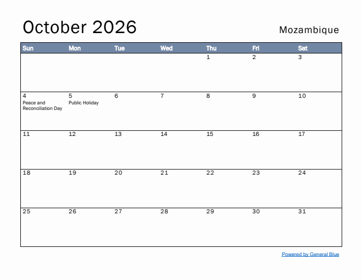 October 2026 Simple Monthly Calendar for Mozambique