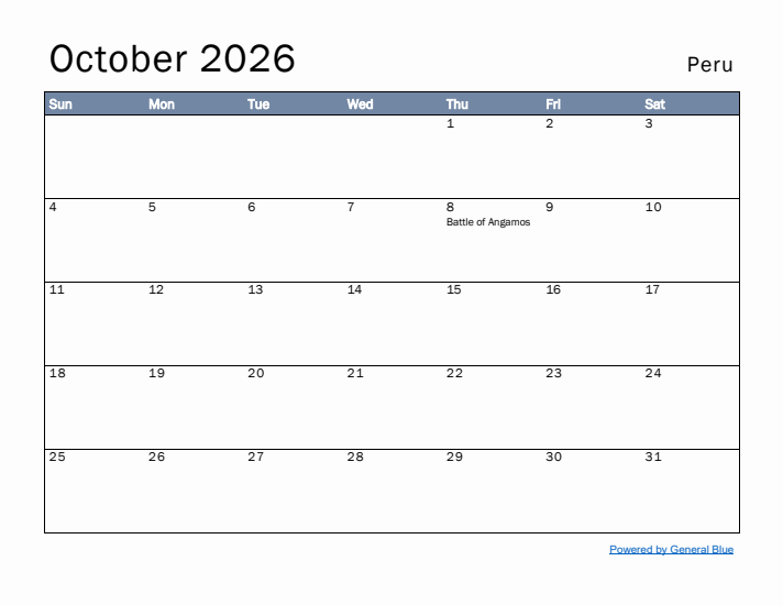 October 2026 Simple Monthly Calendar for Peru