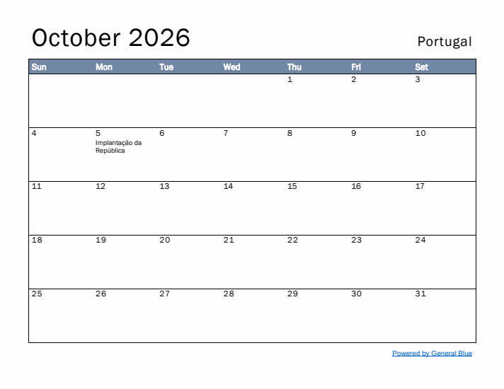 October 2026 Simple Monthly Calendar for Portugal