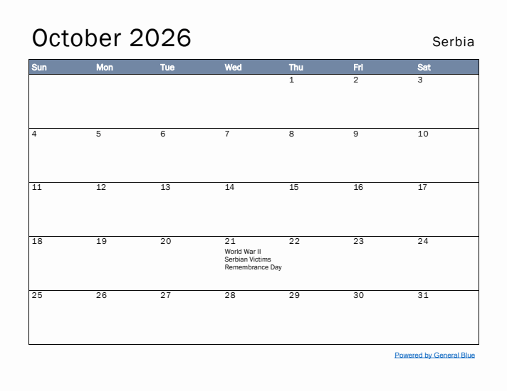 October 2026 Simple Monthly Calendar for Serbia