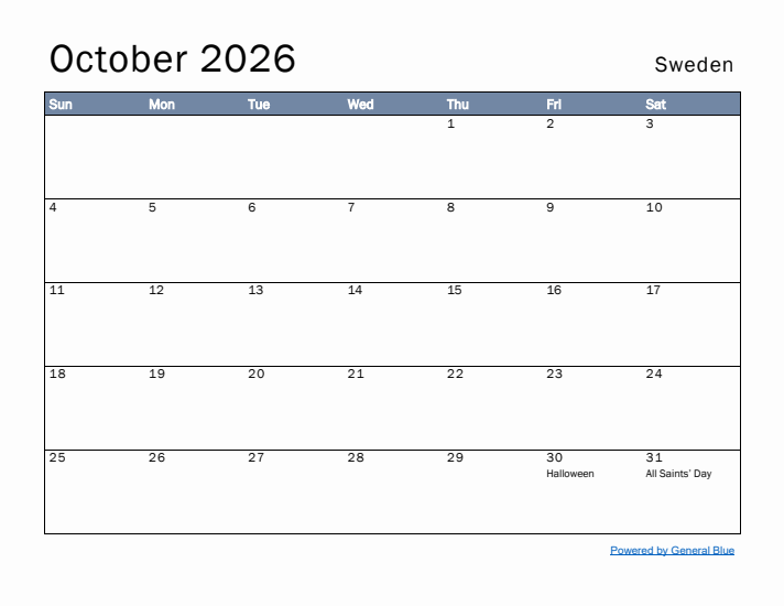 October 2026 Simple Monthly Calendar for Sweden