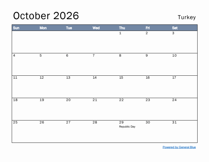 October 2026 Simple Monthly Calendar for Turkey