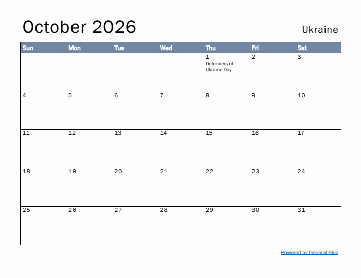 October 2026 Simple Monthly Calendar for Ukraine