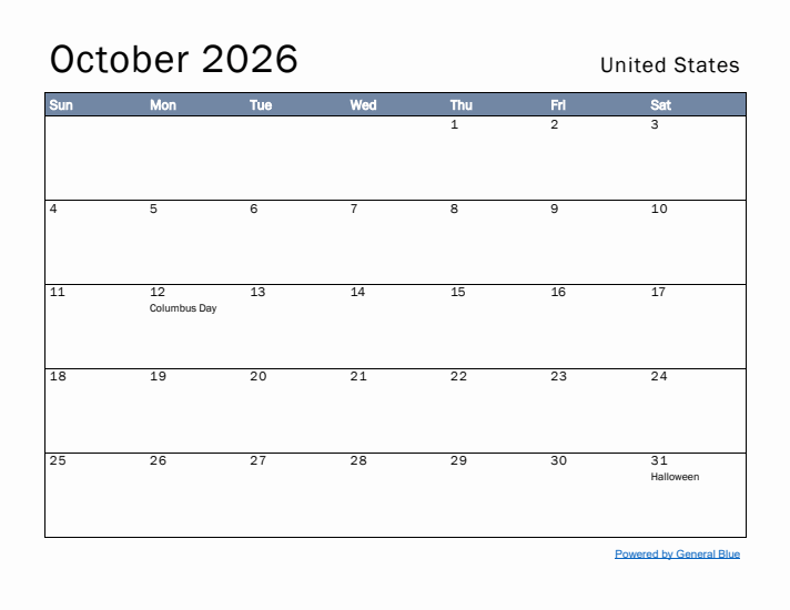 October 2026 Simple Monthly Calendar for United States