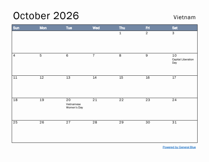 October 2026 Simple Monthly Calendar for Vietnam