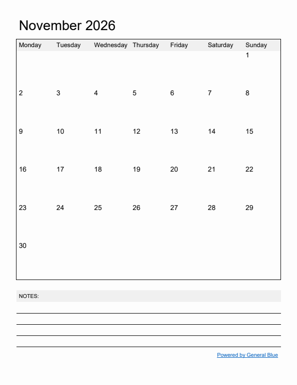 Basic Monthly Calendar Template for November 2026