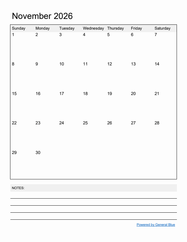 Basic Monthly Calendar Template for November 2026