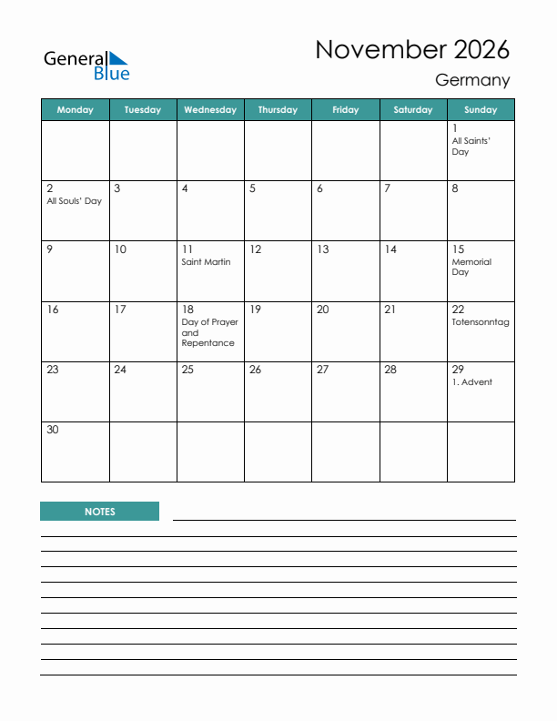 Calendar with Notes Printable - Monday Start