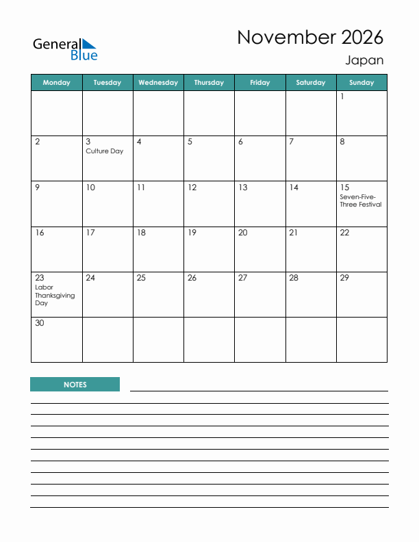 Calendar with Notes Printable - Monday Start