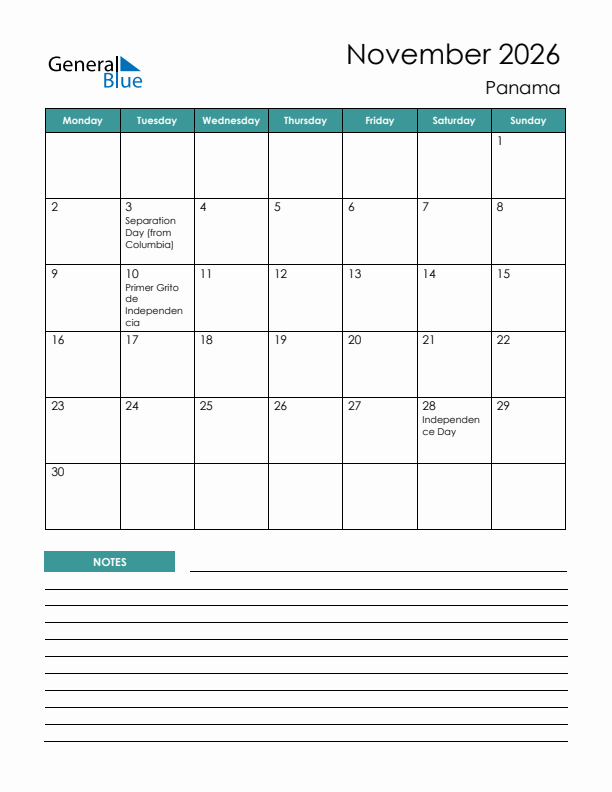 Calendar with Notes Printable - Monday Start