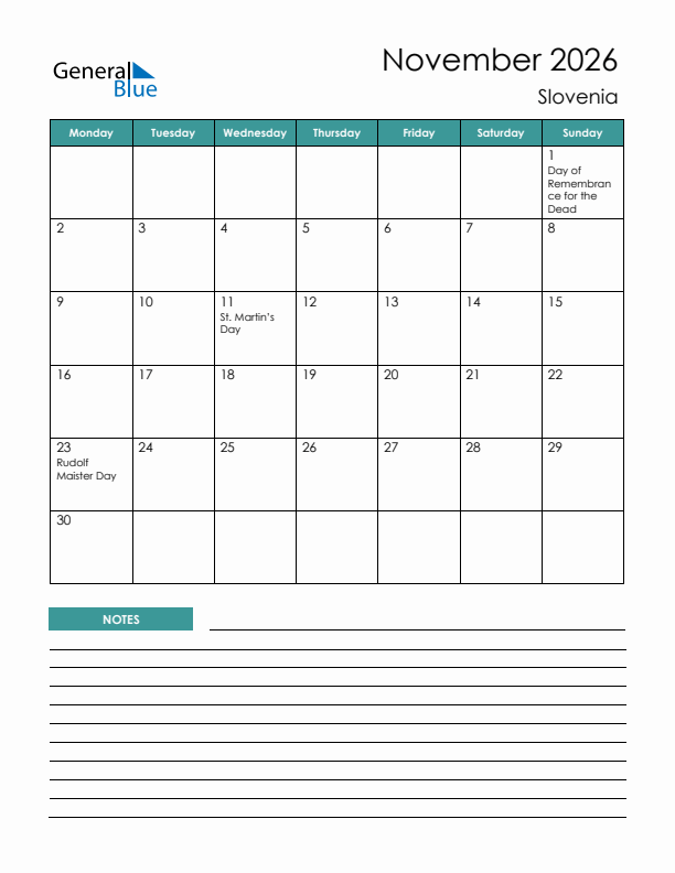 Calendar with Notes Printable - Monday Start