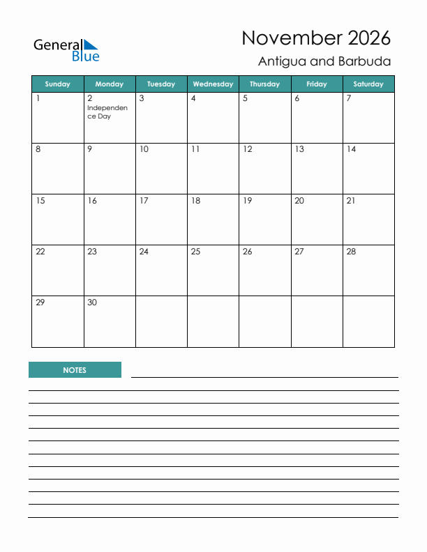 Calendar with Notes Printable - Sunday Start