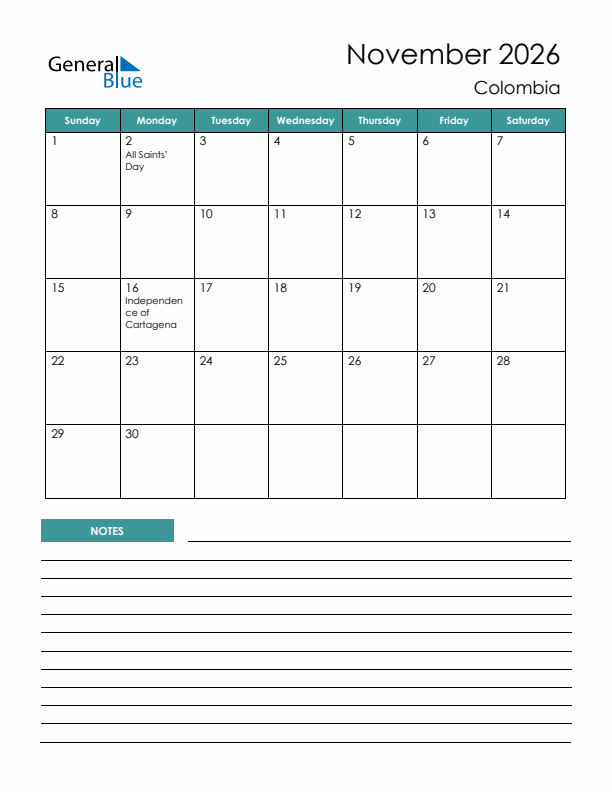 Calendar with Notes Printable - Sunday Start