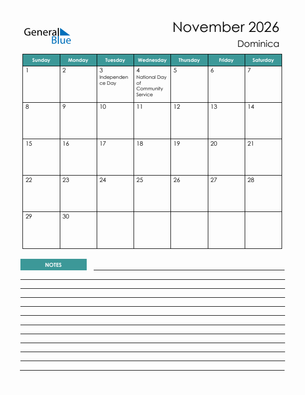 Calendar with Notes Printable - Sunday Start