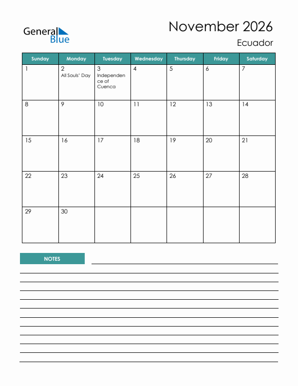 Calendar with Notes Printable - Sunday Start