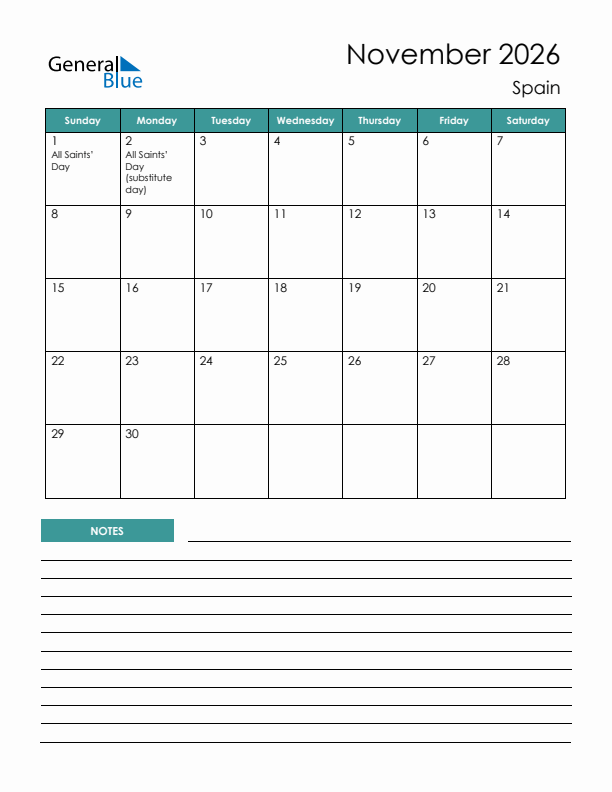 Calendar with Notes Printable - Sunday Start