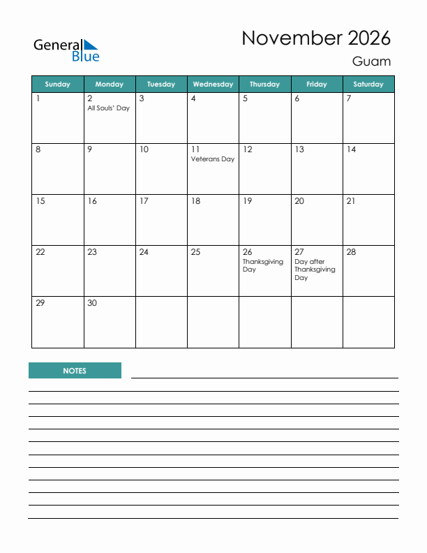 Calendar with Notes Printable - Sunday Start