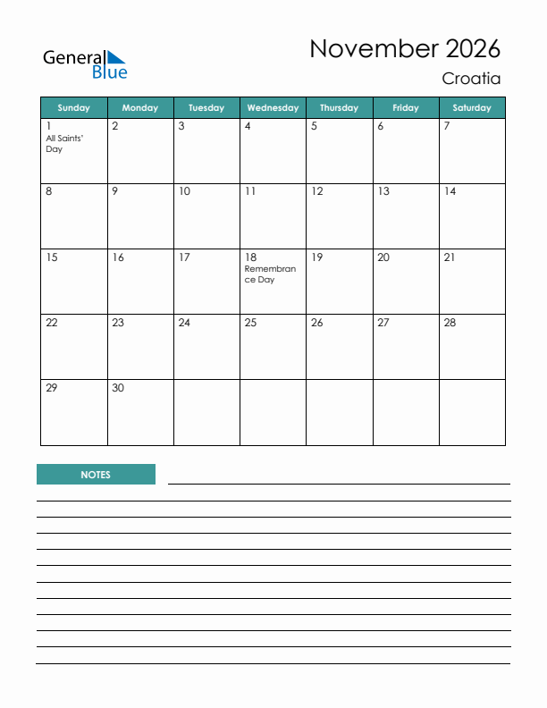 Calendar with Notes Printable - Sunday Start