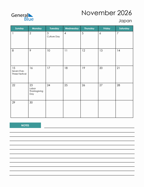 Calendar with Notes Printable - Sunday Start