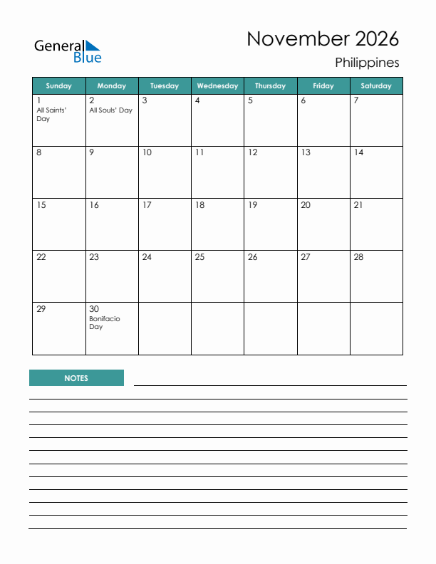 Calendar with Notes Printable - Sunday Start