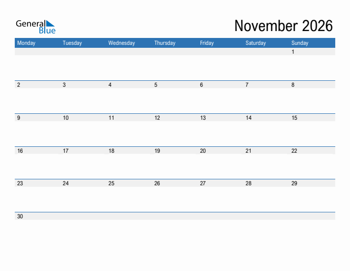 Fillable Calendar for November 2026