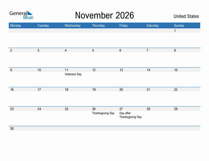 Fillable November 2026 Calendar