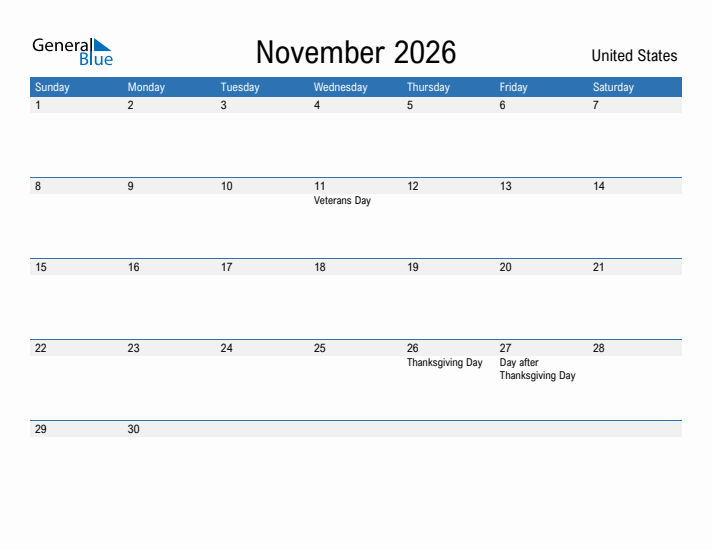 Fillable November 2026 Calendar