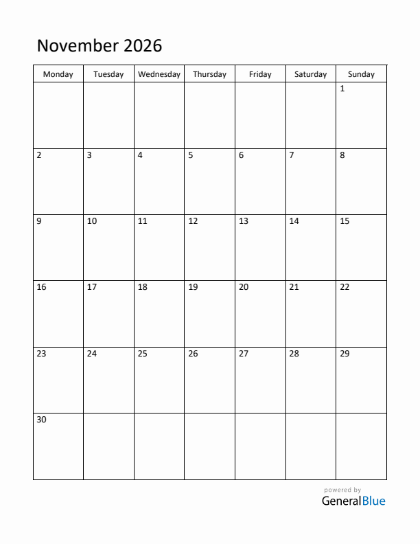 Monday Start Calendar for November 2026