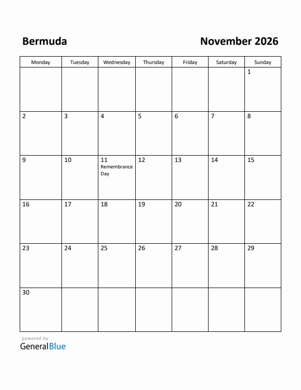 November 2026 Calendar with Bermuda Holidays