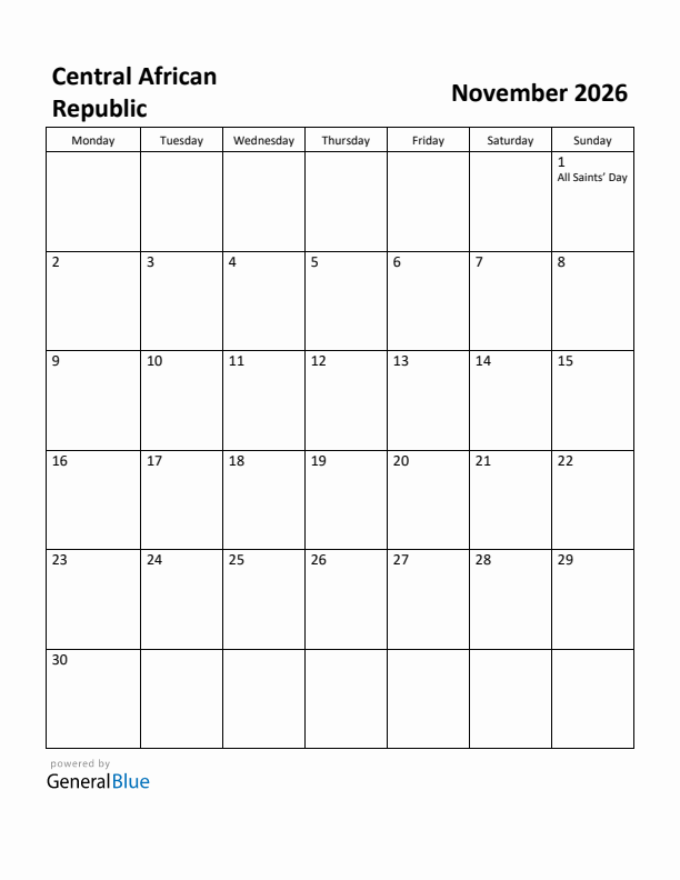 November 2026 Calendar with Central African Republic Holidays