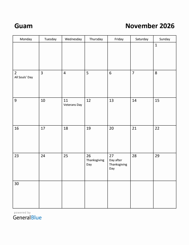 November 2026 Calendar with Guam Holidays