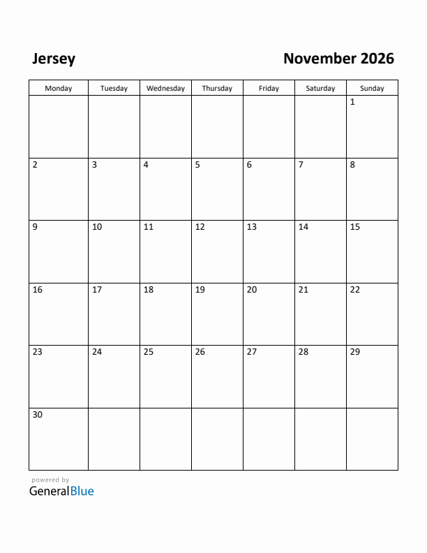 November 2026 Calendar with Jersey Holidays