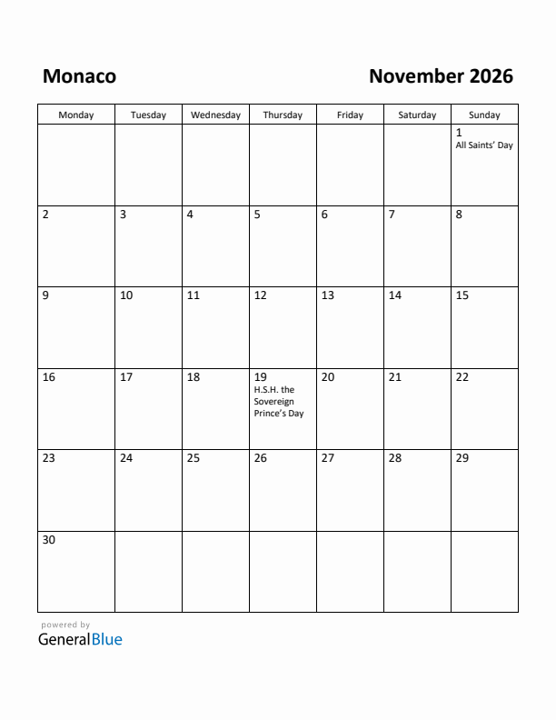 November 2026 Calendar with Monaco Holidays