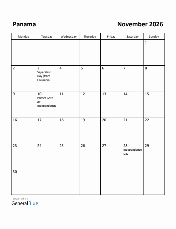 November 2026 Calendar with Panama Holidays