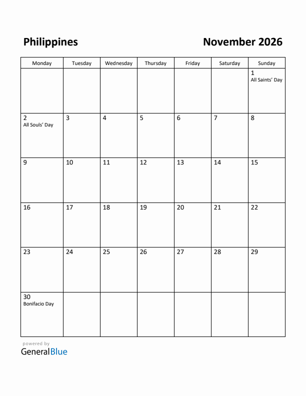 November 2026 Calendar with Philippines Holidays