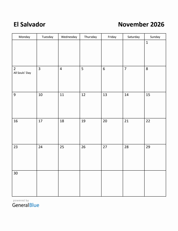 November 2026 Calendar with El Salvador Holidays