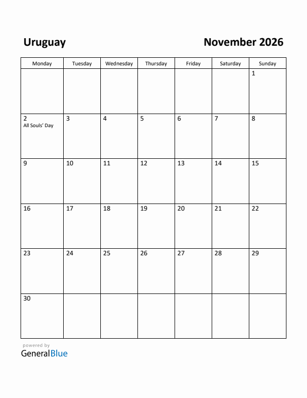 November 2026 Calendar with Uruguay Holidays