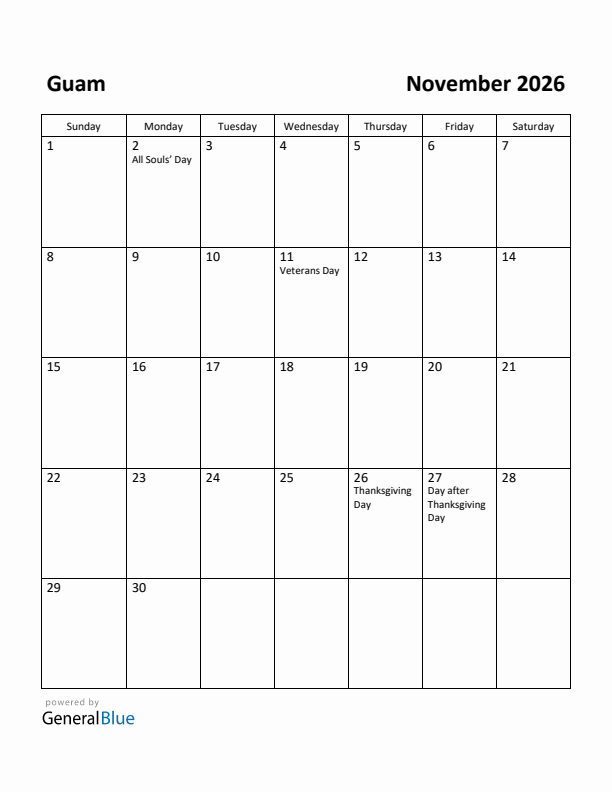 November 2026 Calendar with Guam Holidays