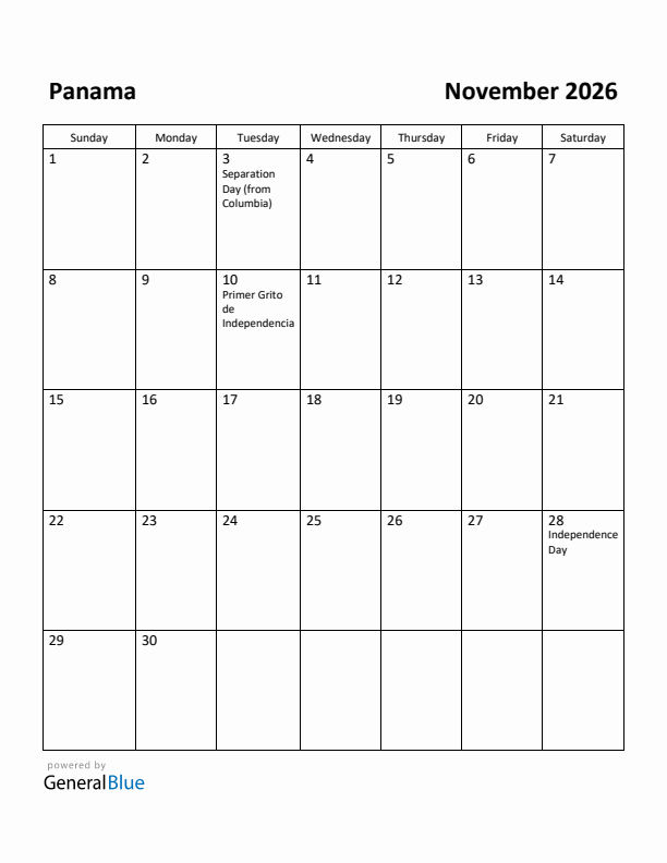 November 2026 Calendar with Panama Holidays