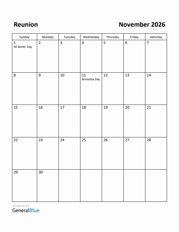 November 2026 Calendar with Reunion Holidays