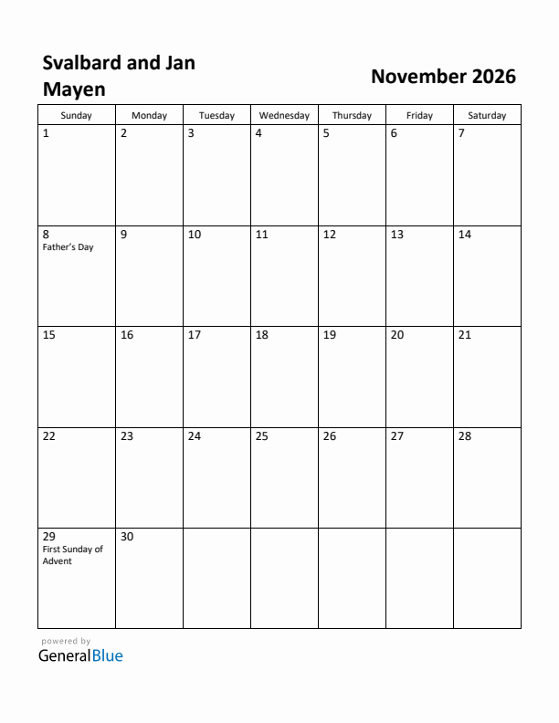 November 2026 Calendar with Svalbard and Jan Mayen Holidays